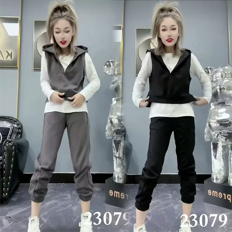 休闲韩版时尚套装女23秋季气质显瘦连帽马甲长袖t恤束脚裤三件套