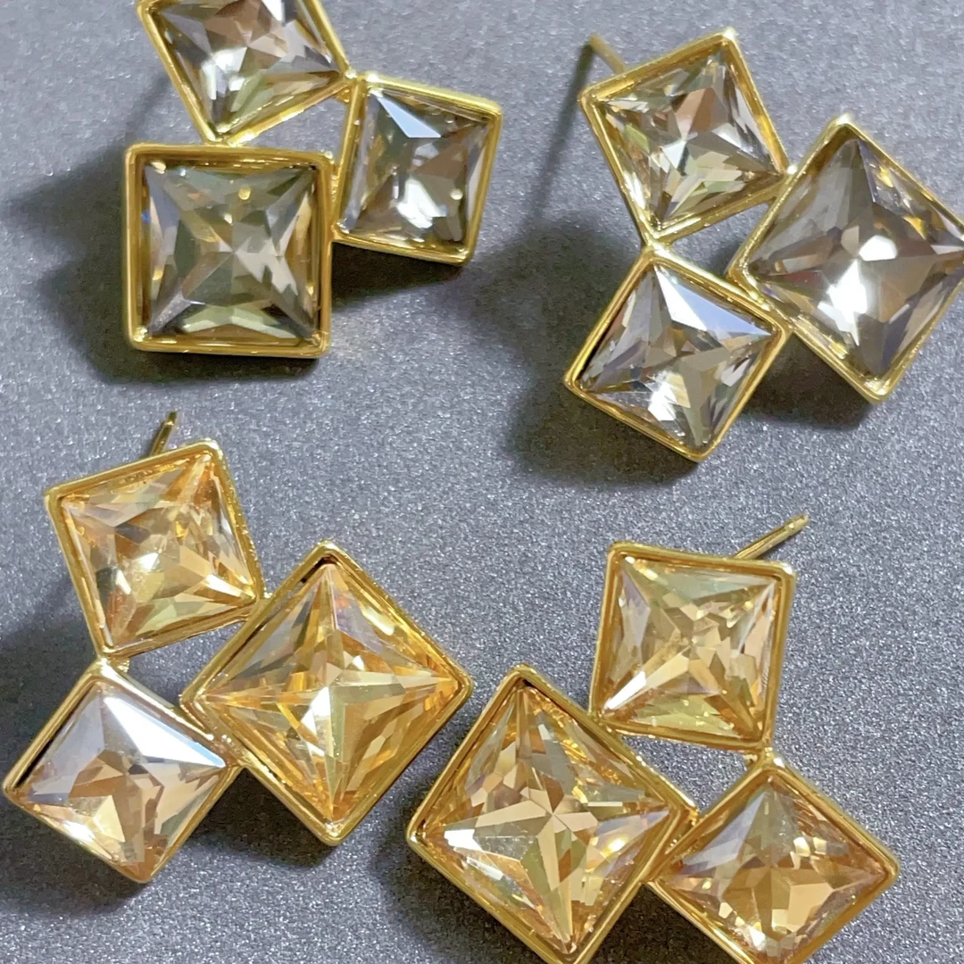 黄铜锆石耳饰 锆石耳钉设计感立体方块水晶银针小众气质百搭耳饰