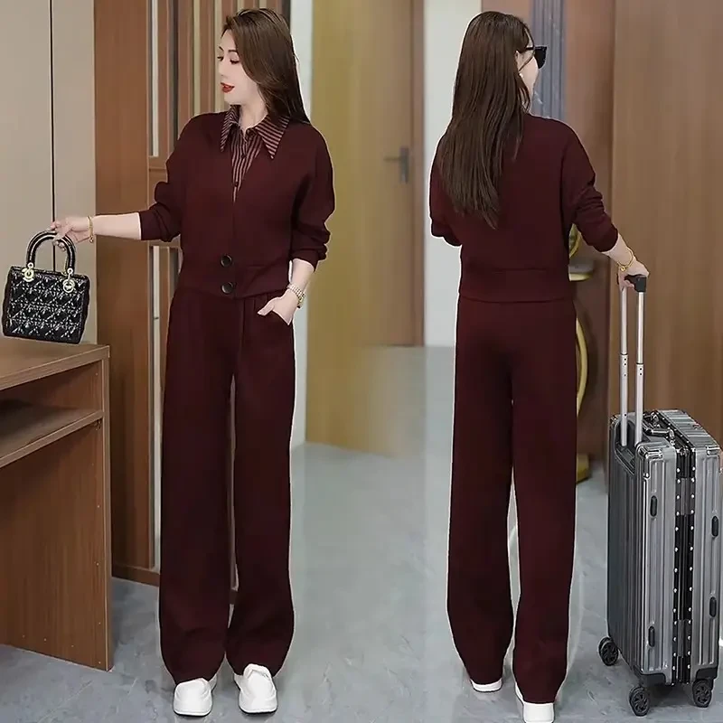 时尚休闲套装女2025春季新款洋气显瘦拼色假两件上衣阔腿裤两件套