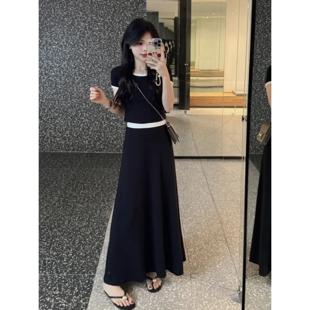韩系穿搭一整套女装夏季2025新款撞色拼接短袖T恤半身裙长款a字裙