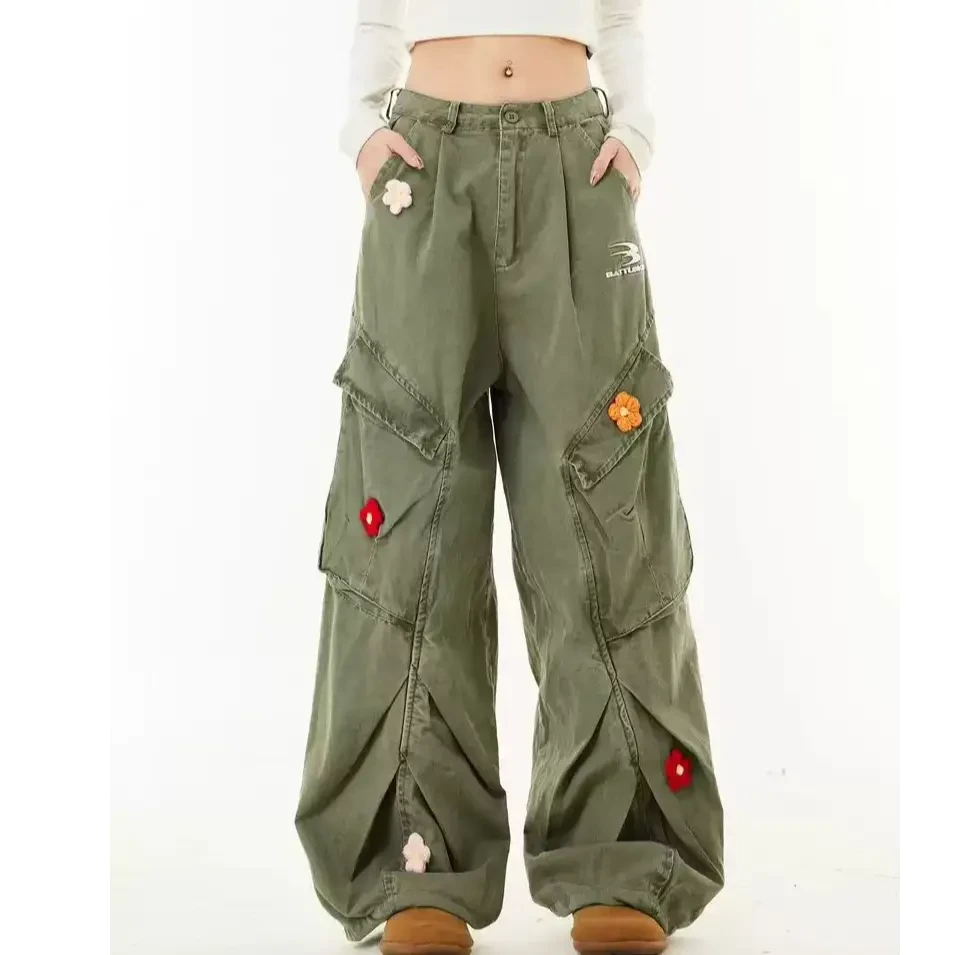 美式复古花朵刺绣伞兵工装牛仔裤男女春夏季高街垂感阔腿裤子2025