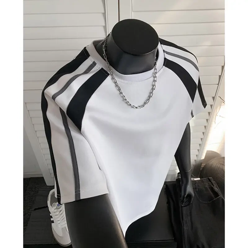 复古撞色拼接落肩袖短袖T恤男款痞帅设计感五分半袖cleanfit上衣