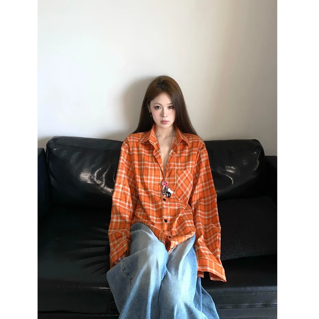 美式复古橙色春夏2025长袖衬衫韩版女宽松百搭时尚高街防晒上衣潮