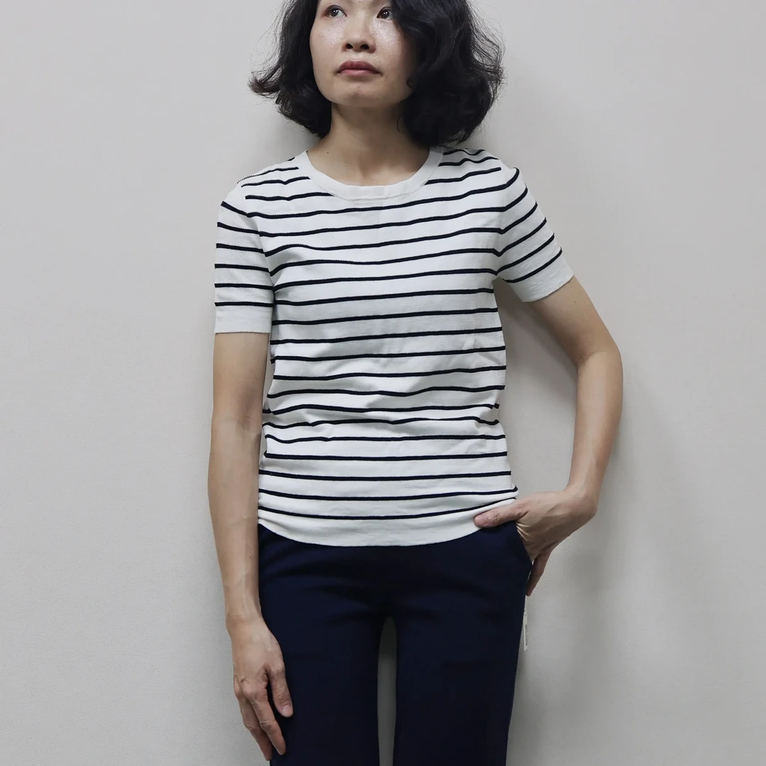 AA0498 短款条纹夏季短袖开衫款毛针织衫百搭休闲经典针织衫