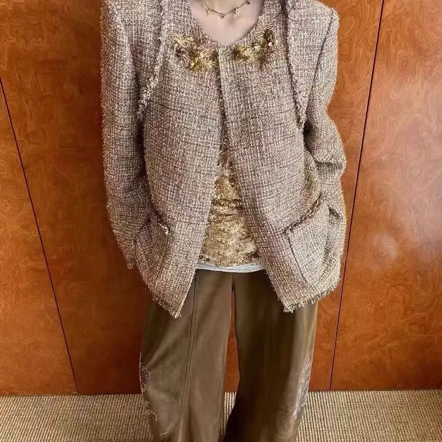 秋冬新款加厚重工钉珠小香风外套