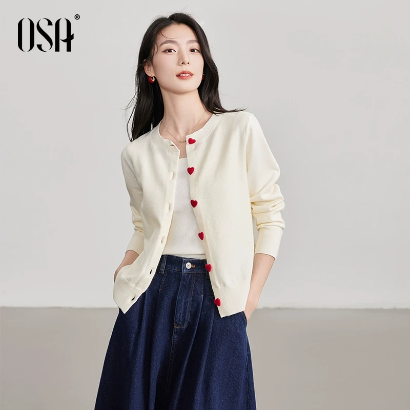 OSA/欧莎 】白色薄款针织开衫女显瘦小衫爱心扣子上衣S125A16041