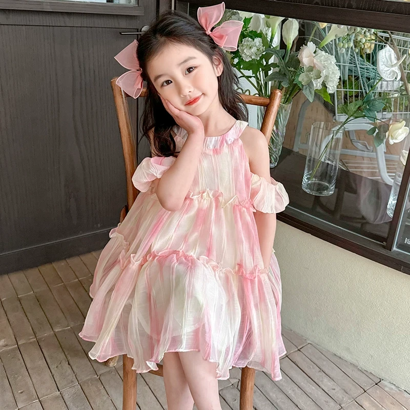 女童夏装雪纺连衣裙2025新款洋气儿童公主裙露肩薄款宝宝夏季裙子