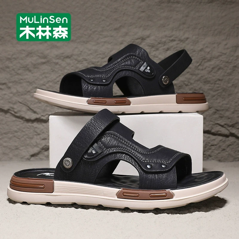 木林森皮凉鞋男夏季2025新款开车拖鞋两用防滑软底沙滩运动涉水鞋