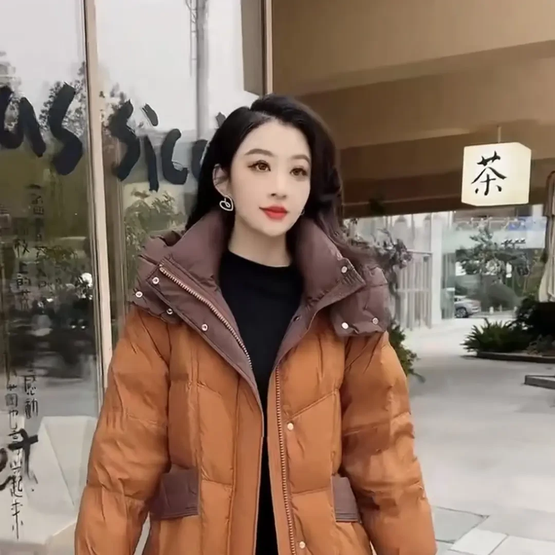 时尚拼接连帽加厚羽绒女冬季新款宽松百搭保暖短外套