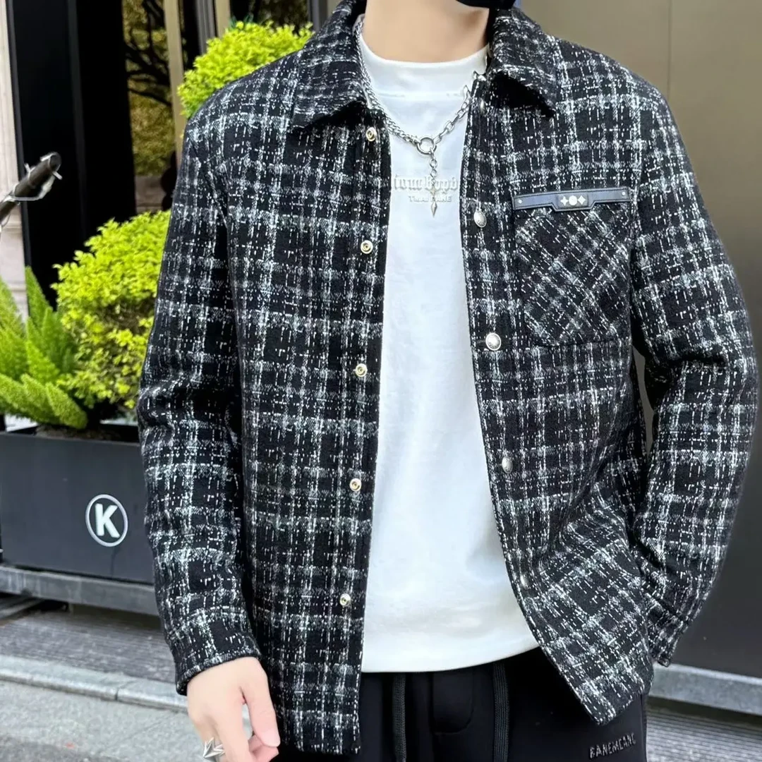 秋冬高端欧货男士翻领加厚格子小香风时尚保暖休闲鹅绒外套