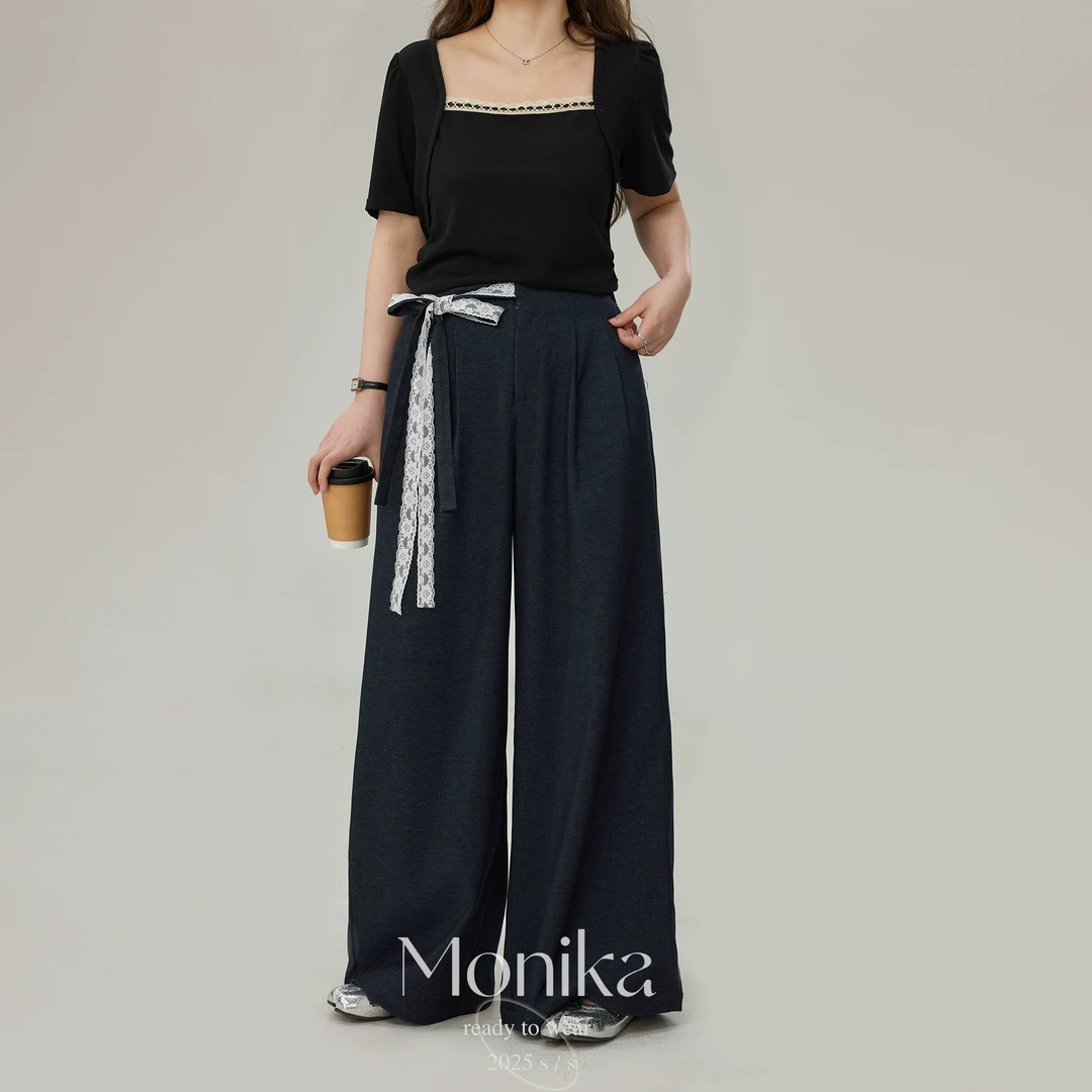 大码女装蕾丝绑带高腰阔腿拖地休闲裤胖MM高腰垂感阔腿裤75845