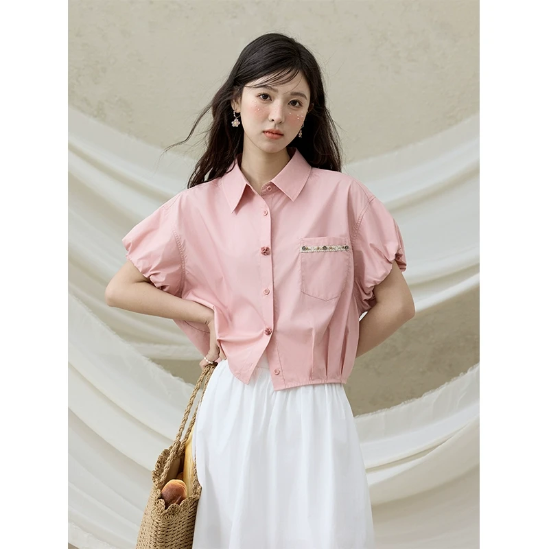 【赵老板专属】谜秀粉色泡泡短袖衬衫衬衫贝壳织带上衣MXE33C0773