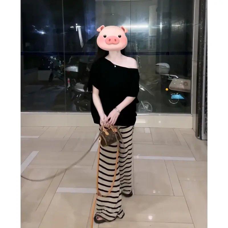 暴高仙女高个子穿搭175拖地裤夏季针织高腰显瘦条纹阔腿长裤遛弯