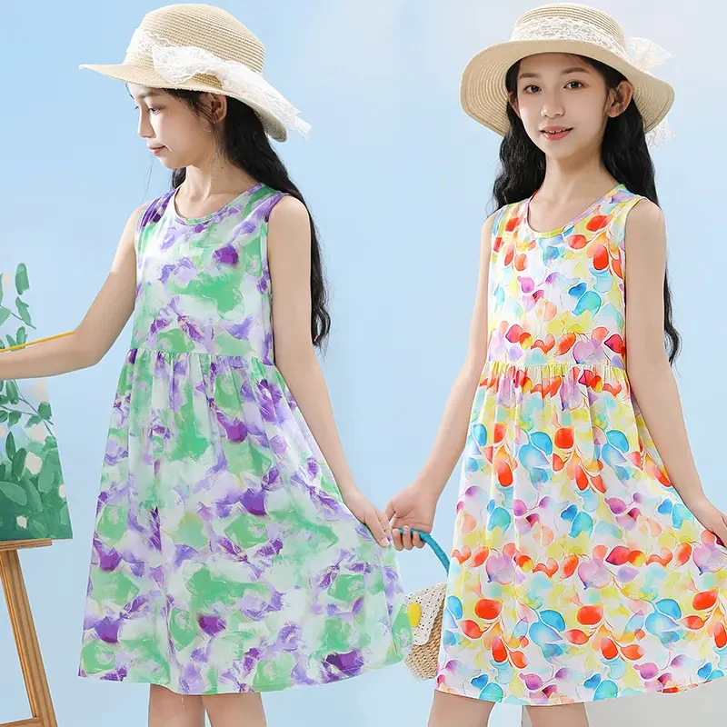 女童连衣裙棉绸裙夏季薄款儿童裙子碎花裙女宝宝无袖背心裙沙滩裙