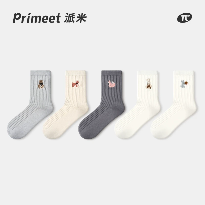 primeet/派米刺绣袜子女春秋款中筒袜可爱日系双针小皮鞋运动棉袜