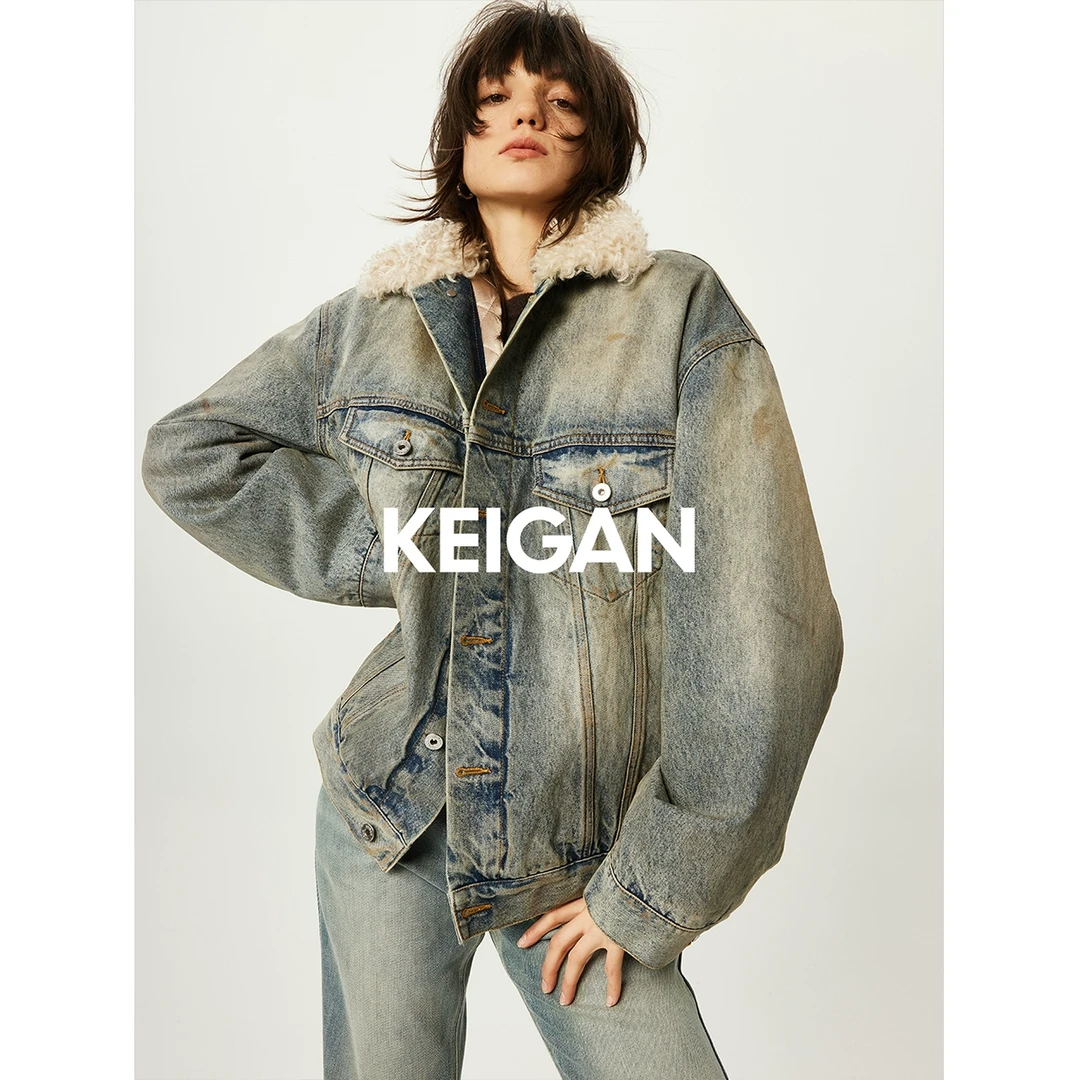 开间/重磅欧洲进口 重工水洗泥染复古卷毛领夹棉脏脏宽松牛仔外套