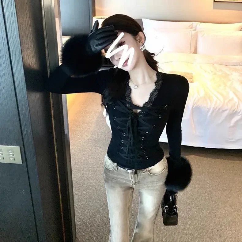 【熙浠】“欲感古着”纯欲风绑带收腰蕾丝拼接长袖打底显瘦