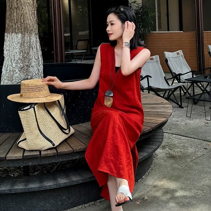 法式气质红色连衣裙女春夏季2025新款慵懒风宽松直筒无袖背心裙子