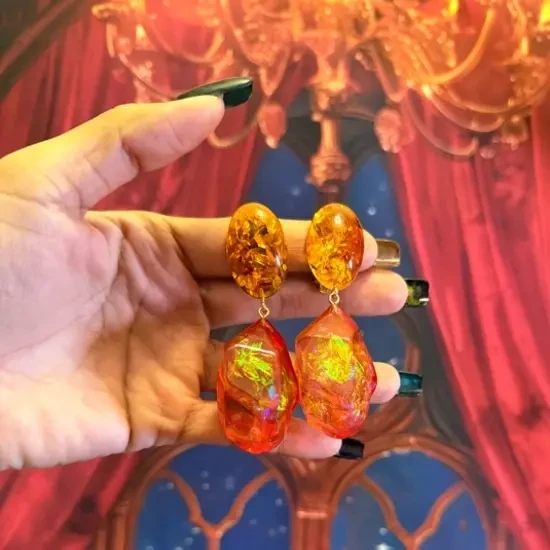 铜合金耳饰 「秀场橘焰」原创法国秀场高定耳饰橙色秋冬长耳环耳夹