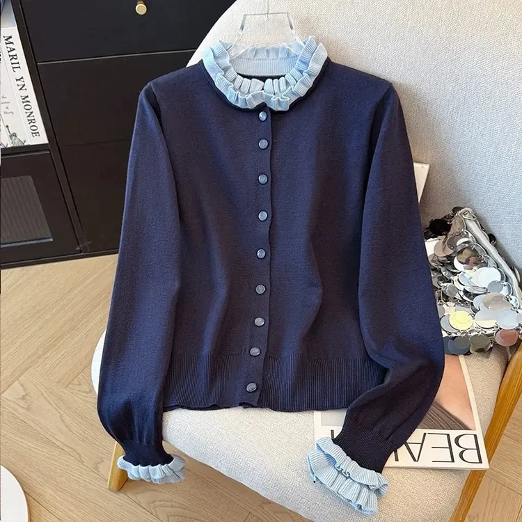 彬彬家女装羊毛针织开衫女式短款针织花边领5379