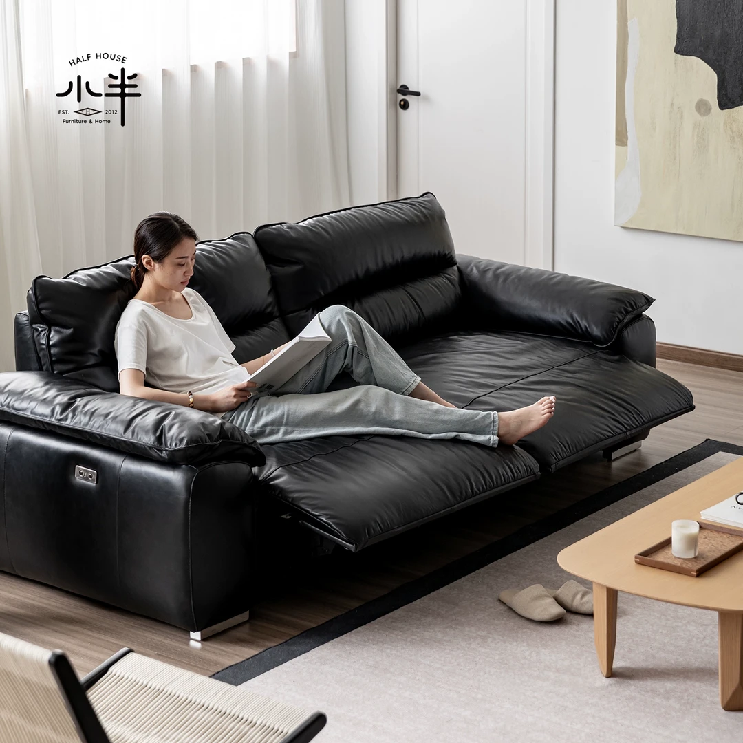小半家具功能沙发电动客厅多功能头层牛皮可调节伸缩三人位皮沙发