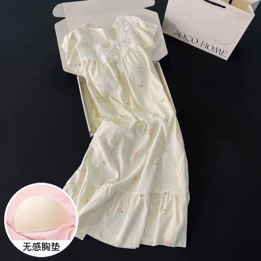 睡裙女夏季睡衣网红风带胸垫2025新款大码小飞袖杏色小花裙家居服