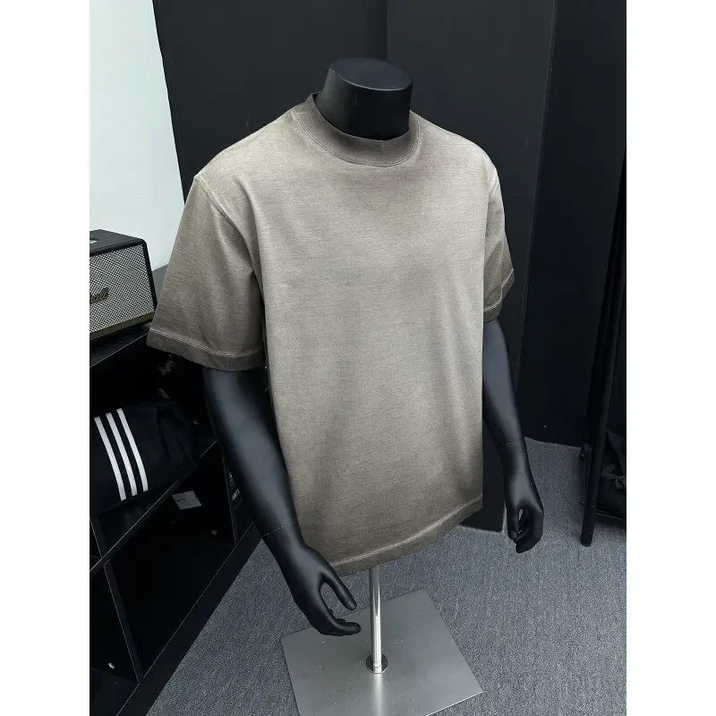 渐变做旧纯棉重磅短袖T恤男款夏季美式宽肩潮牌宽松休闲五分半袖
