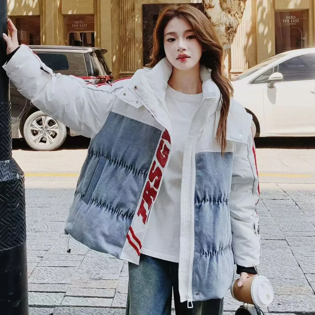 冬潮牌羽绒服女装新款欧货牛仔拼接中长款连帽