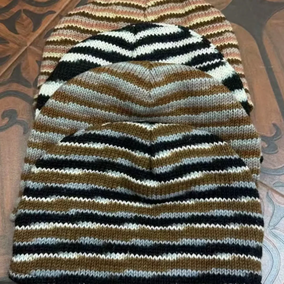 秋冬韩系复古条纹拼色针织套头冷帽女款显脸小保暖