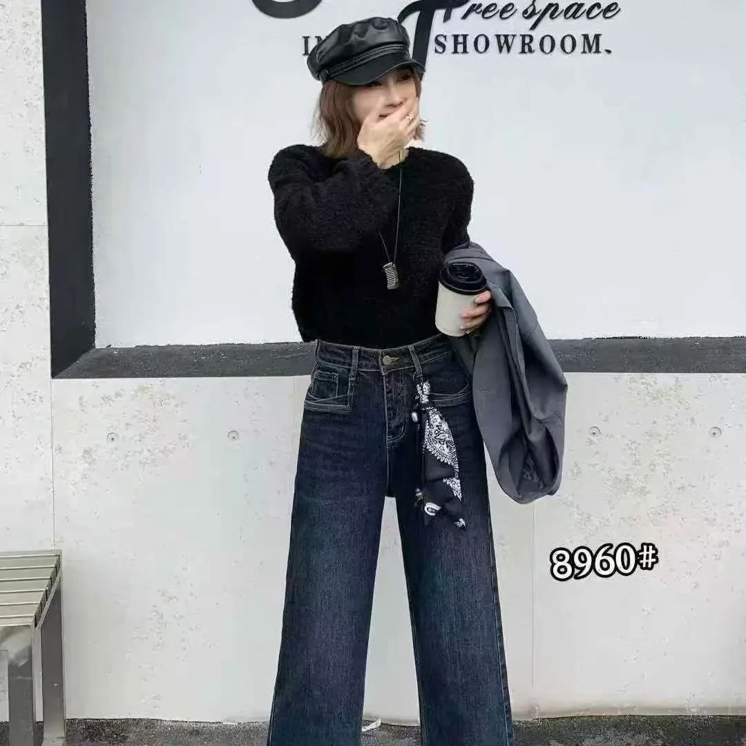 丹宁蓝冬季加绒高腰显瘦阔腿牛仔裤