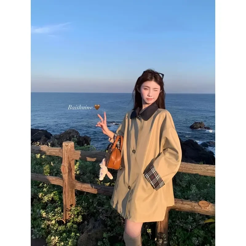 布达佩斯学院巴恩风格纹卡其色风衣女小个子短款2025秋季宽松外套