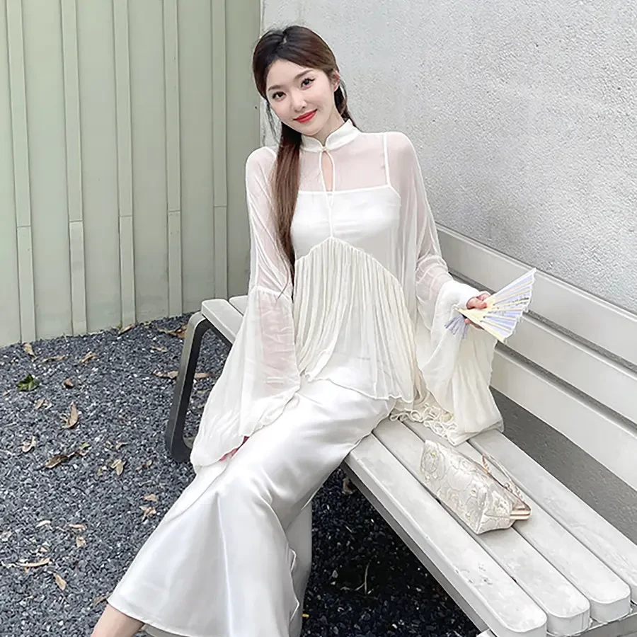 气质白色立领人丝新中式衬衫女夏2024新款设计感大摆仙气显瘦上衣