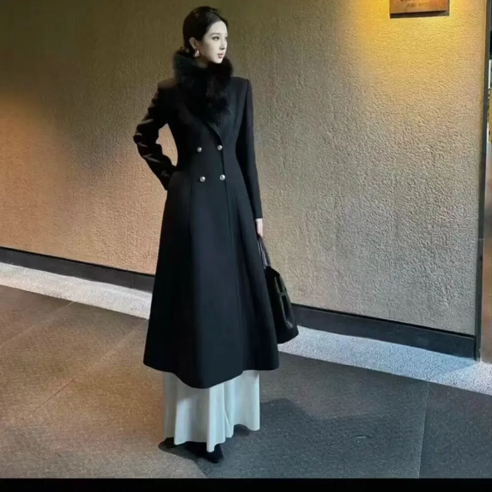 9327#秋冬高级感气质显瘦英伦赫本风收腰长款毛呢外套大衣女新款