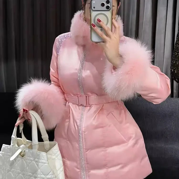 9915-F-3-3-4新款韩版修身洋气时尚白鸭绒羽绒服中长款狐狸毛外套