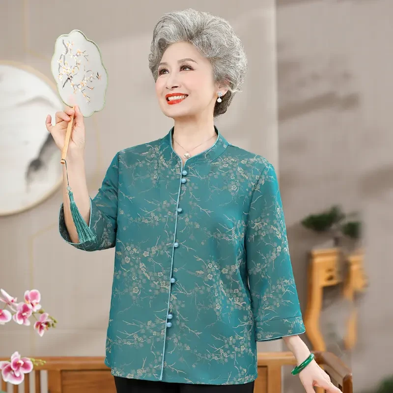 F222老年人夏装女奶奶衬衫新款开衫中老年妈妈洋气套装老太太衣服
