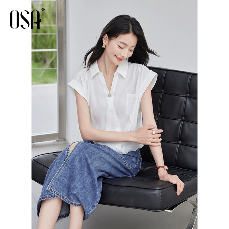 OSA简约v领白色衬衫女夏季显瘦百搭设计感连肩袖上衣S125B12011