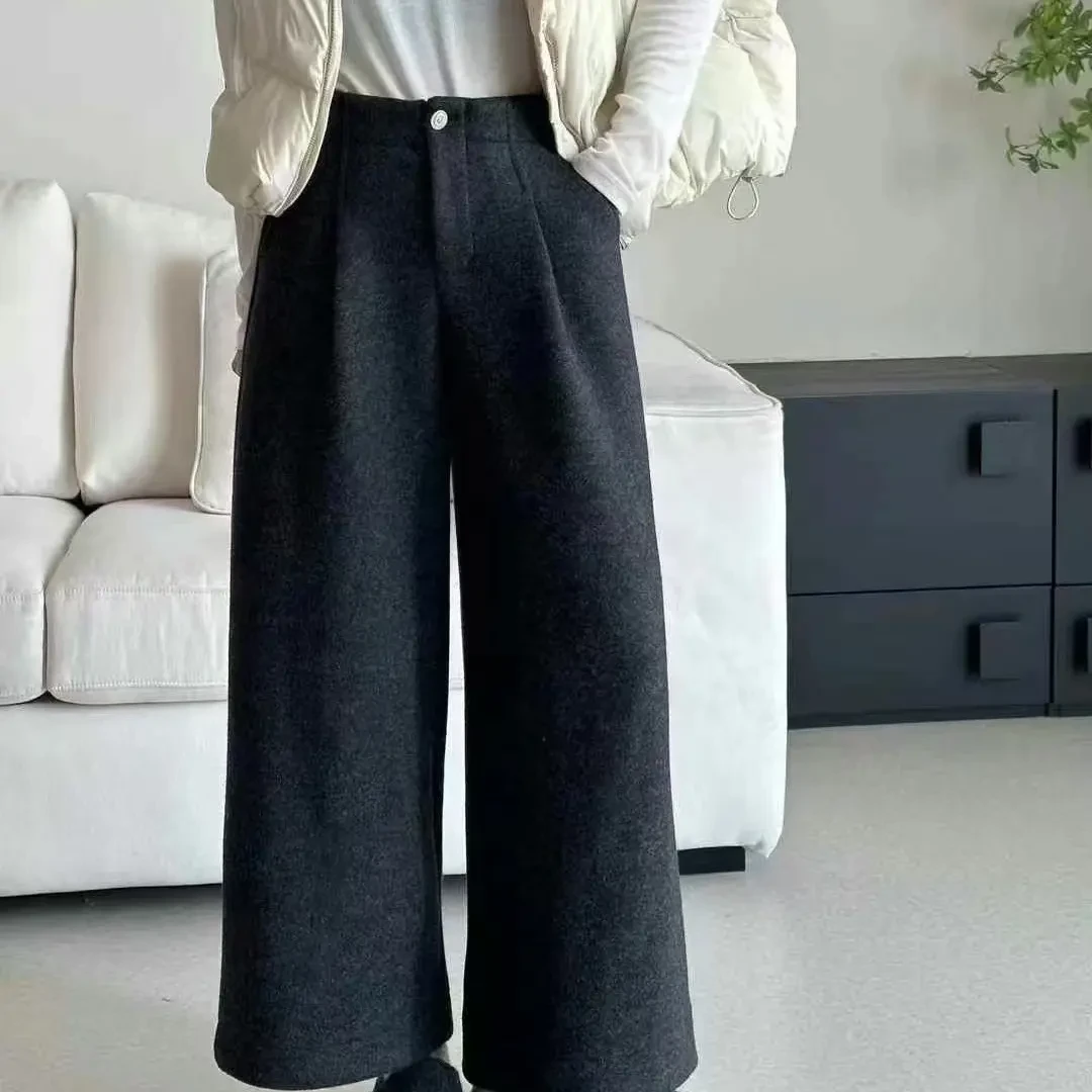 秋冬新款加绒加厚呢高腰显瘦百搭茧型直筒阔腿九分休闲裤