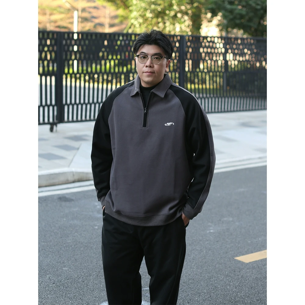 路人社 半拉链上衣男宽松春秋卫衣POLO领美式长袖大码男装百搭潮