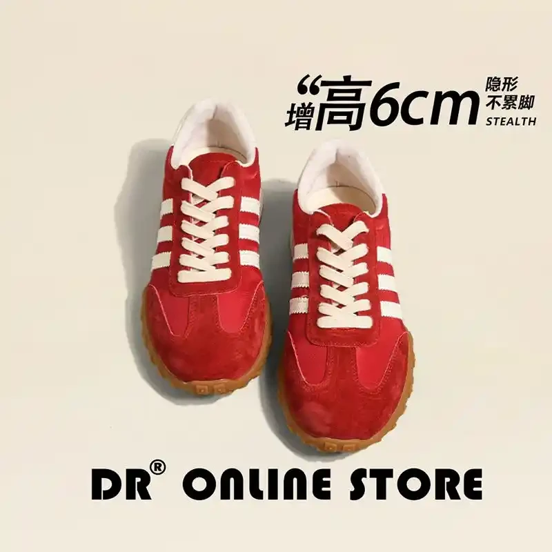 红色系带透气轻便男子超纤内增高厚底德训运动鞋秋冬