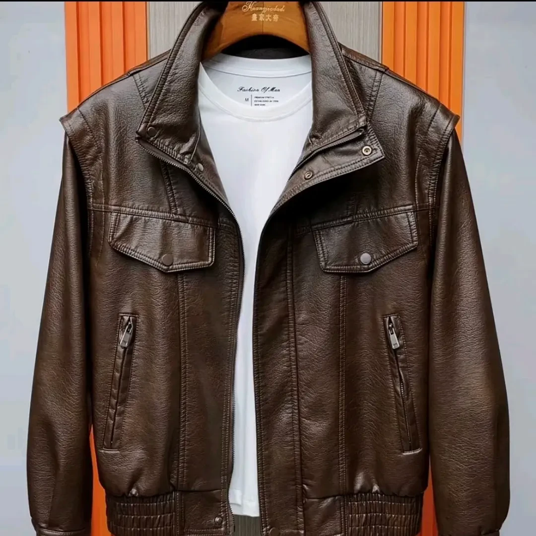 男士时尚百搭潮流PU皮立领夹克冬款外套春秋款
