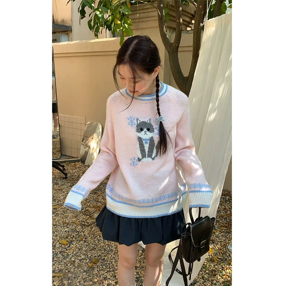 银河汽水 圆领小猫套头毛衣女长袖针织衫