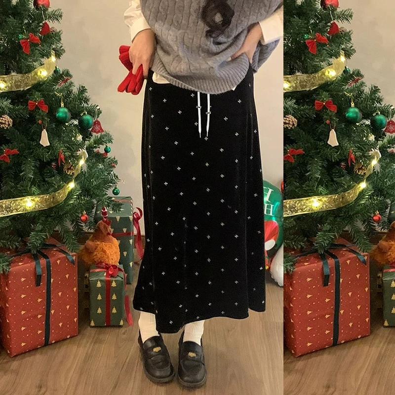 孕妇半身裙秋冬季气质星星丝绒黑色托腹裙中长款裙子春秋显瘦长裙