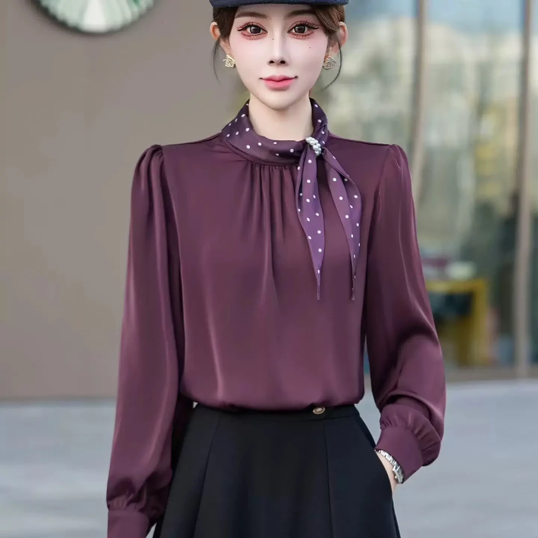 新款法式气质蝴蝶结领飘带雪纺衬衫