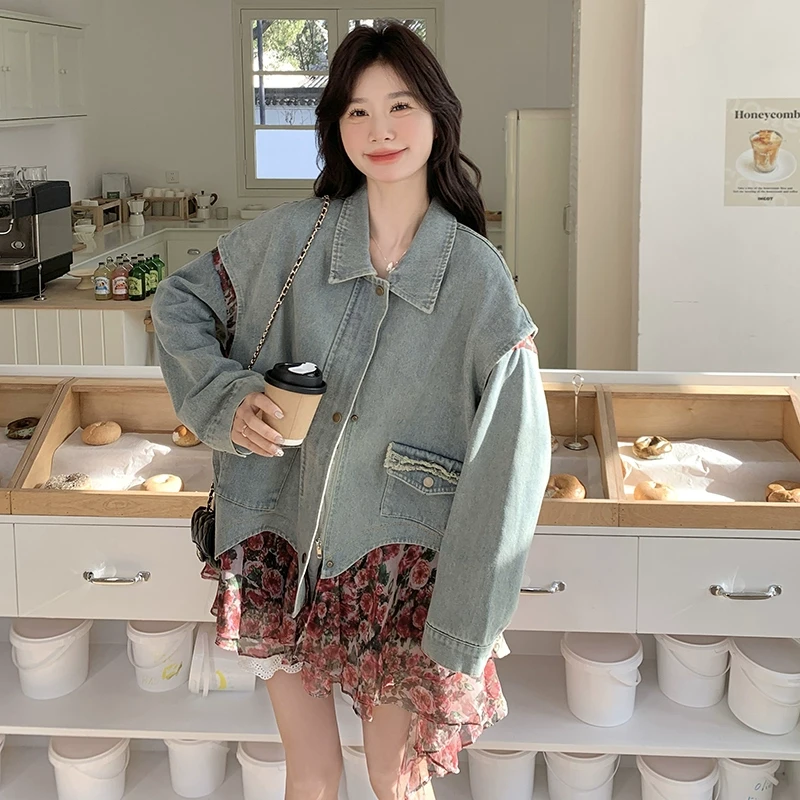 碎花拼接假两件牛仔外套女春秋2025新款流行设计感独特别致外套