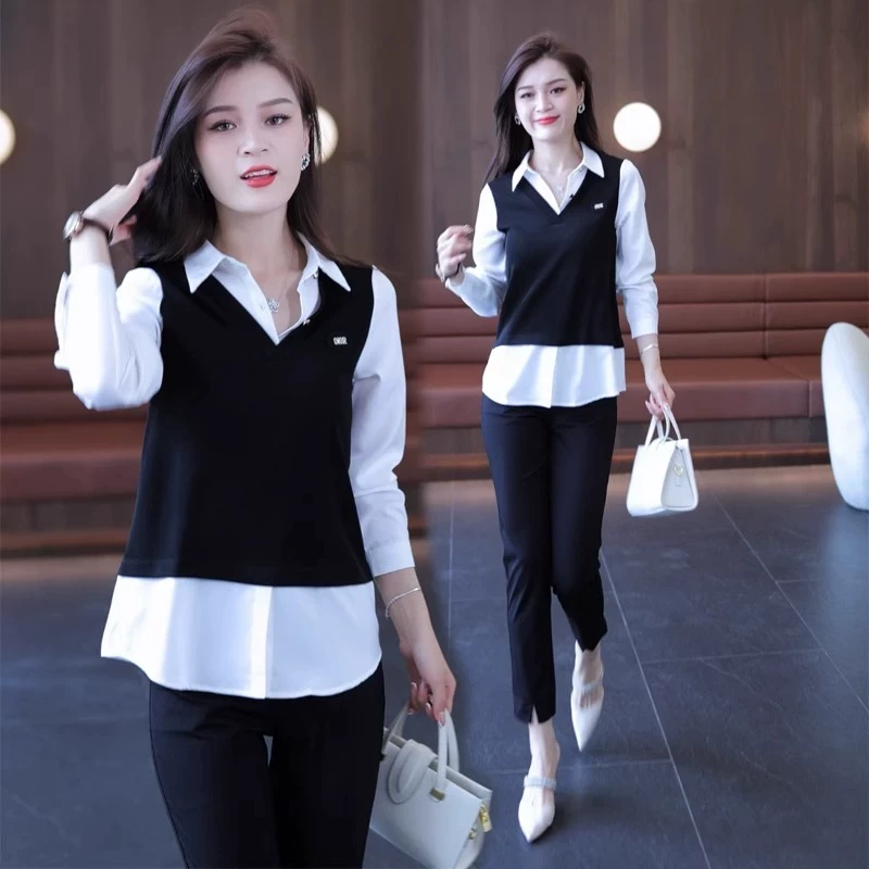 假两件套头衬衫女春秋装2025今年流行宽松遮肚设计感别致长袖上衣