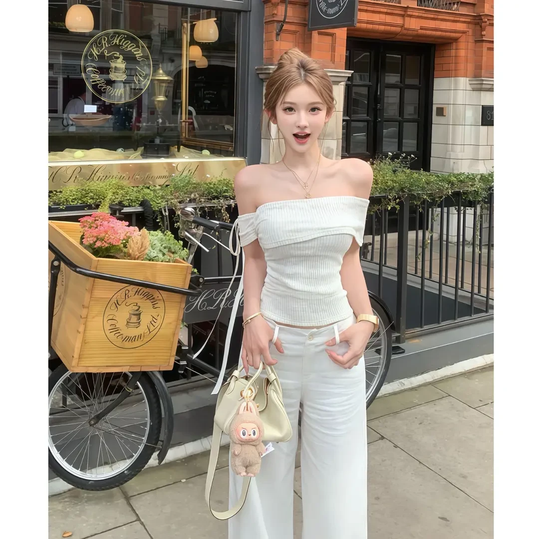 法式独特别致小上衣一字肩蝴蝶结针织蕾丝短袖高腰垂感休闲阔腿裤