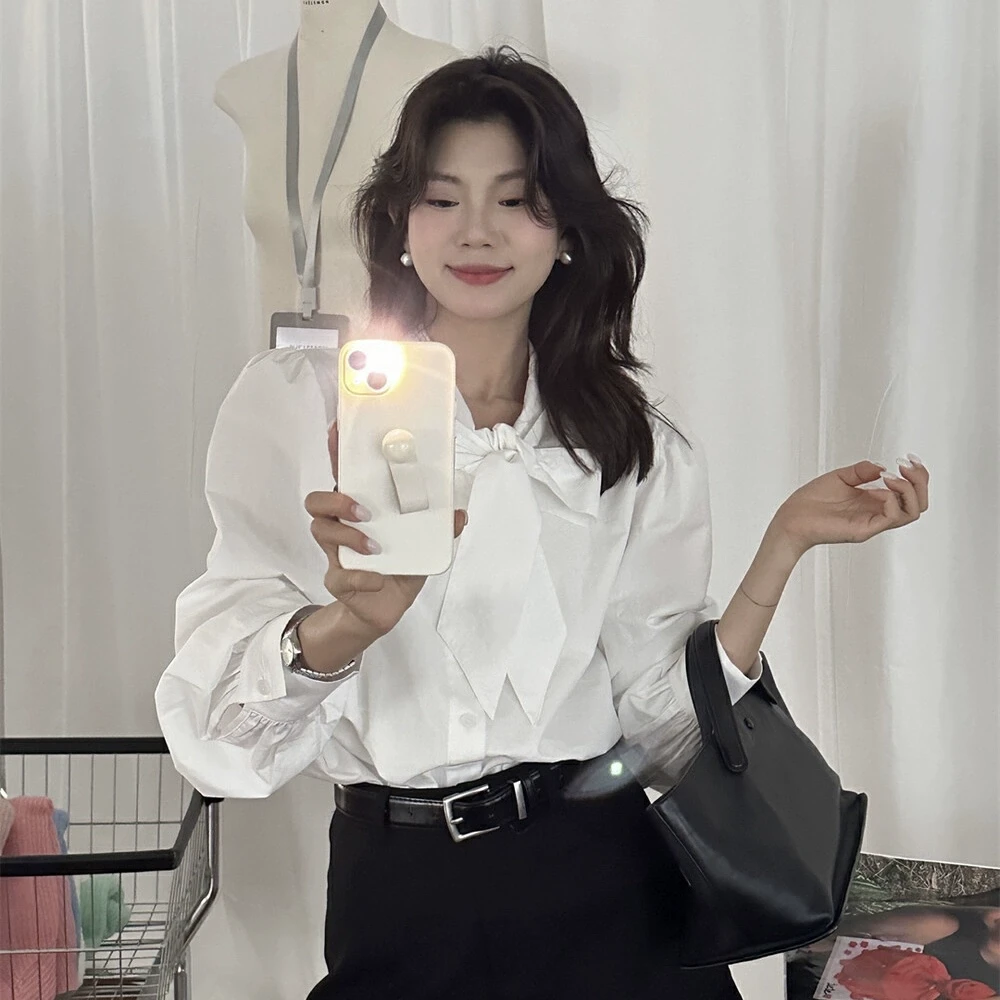 Cute Club 2025春季新款甜美绑带蝴蝶结长袖衬衫宽松气质温柔上衣