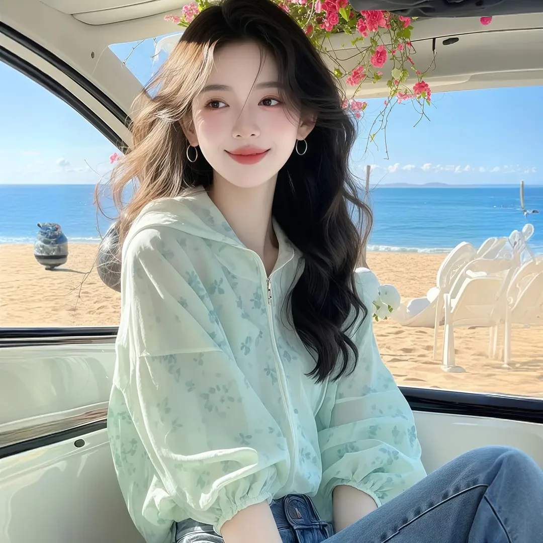 2025夏季新款爆款韩版休闲小个子小香风绿色碎花泡泡袖防晒衬衫女