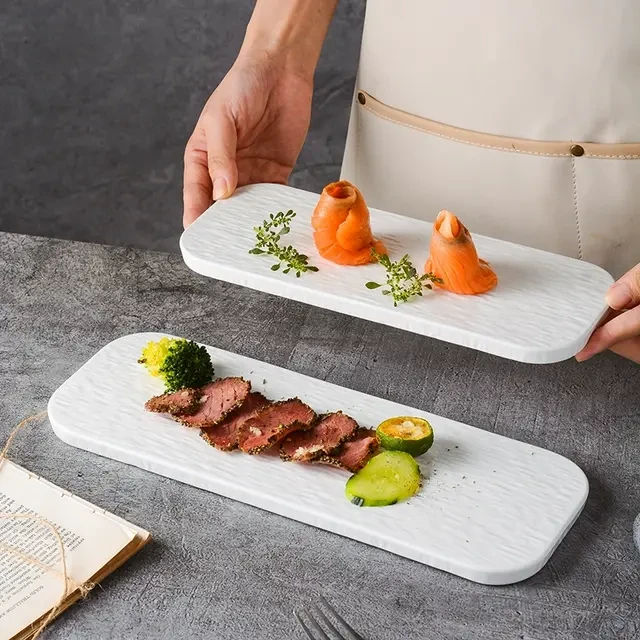 白色陶瓷岩石纹长方形平盘长条盘寿司盘刺身平板盘点心盘餐厅摆盘