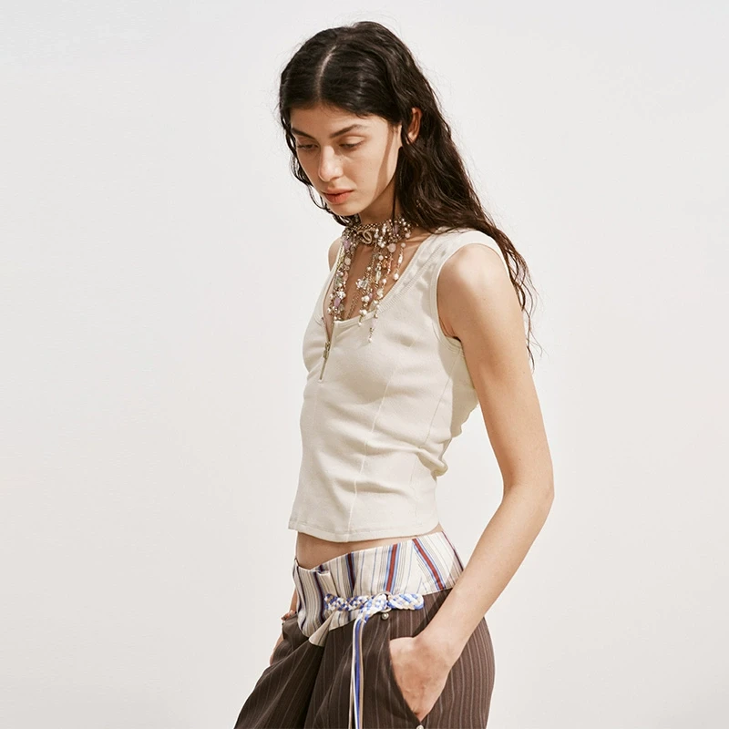 【MEDIUM WELL】noundnound纯色假两件修身拉链背心女2025夏季新款